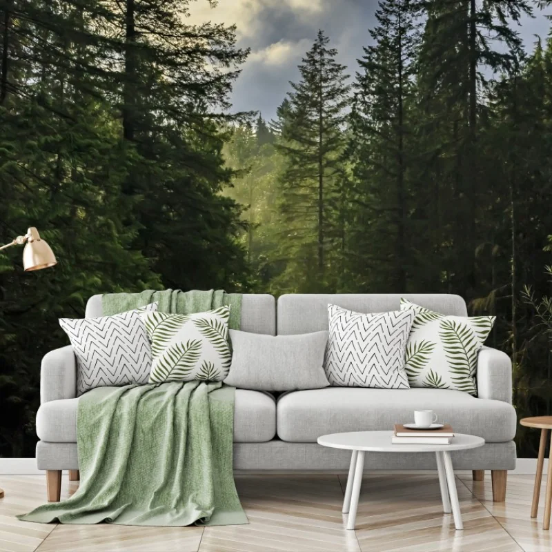 Fototapete nebliger immergrüner wald mit wasserfall – Wallnifity® Fototapete nebliger immergrüner wald mit wasserfall – Wallnifity®