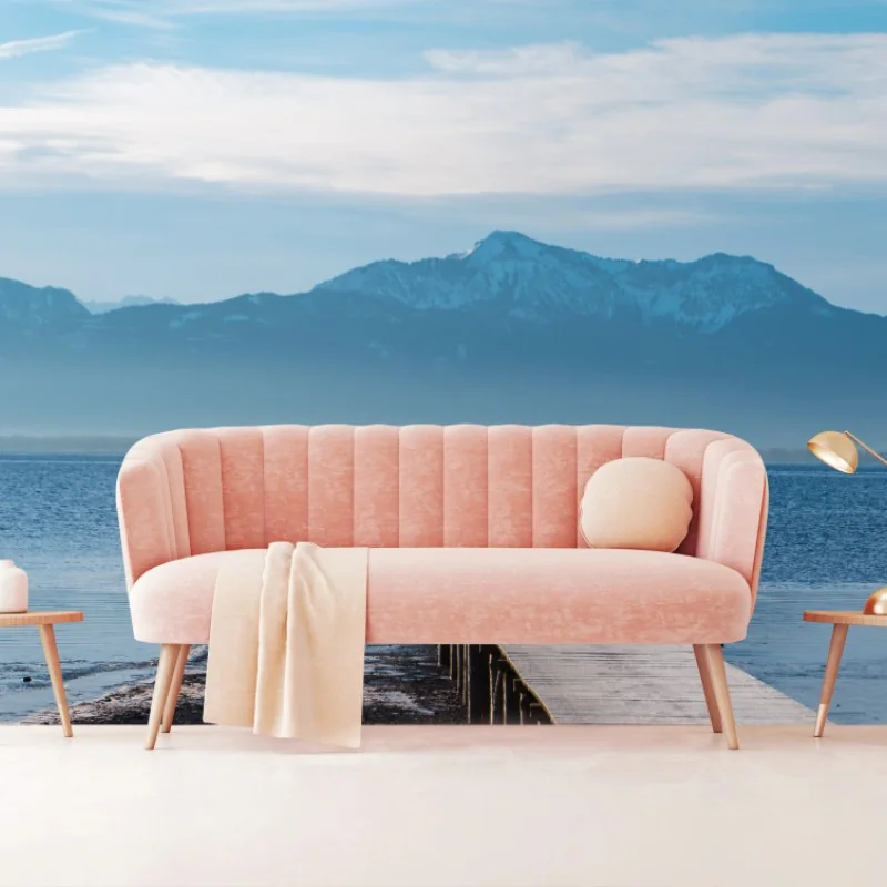 Fototapete nebliger steg am bergsee bei dämmerung