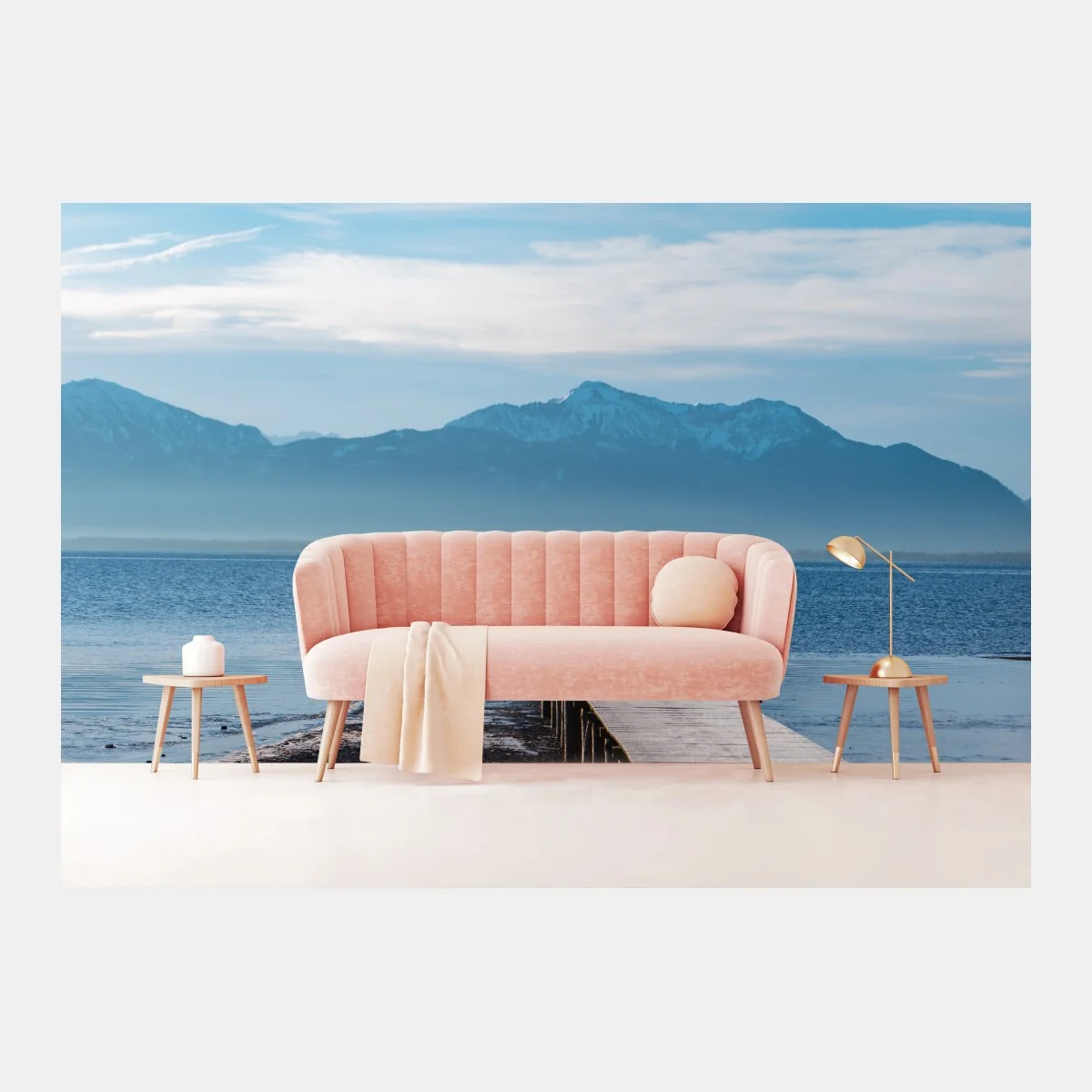 Fototapete nebliger steg am bergsee bei dämmerung – Wallnifity®