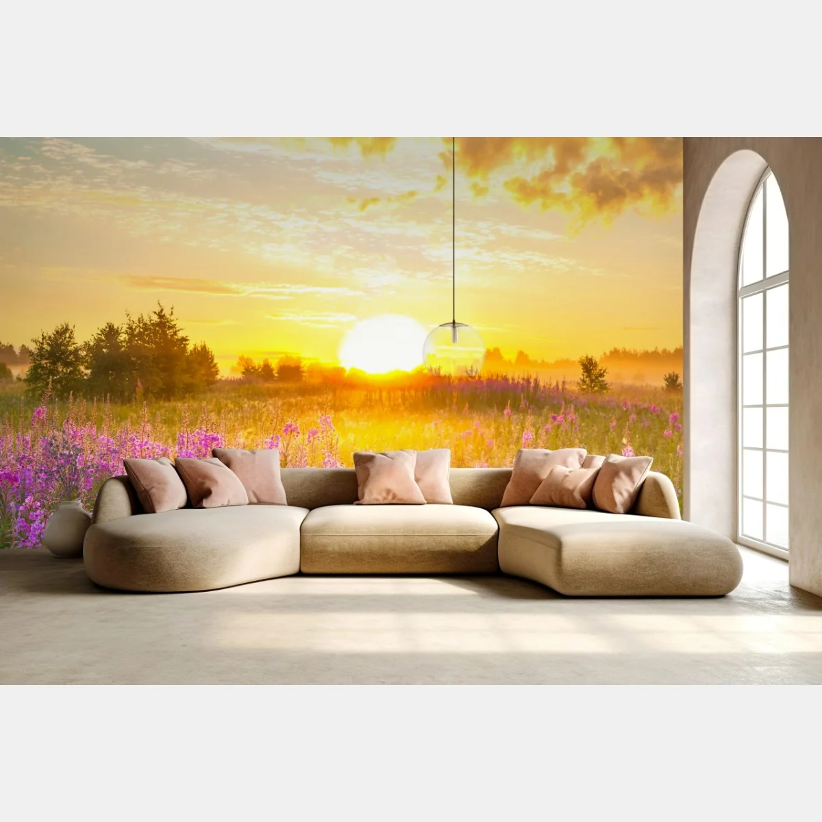 Fototapete sonnenaufgang über violetter wildblumenwiese – Wallnifity® Fototapete sonnenaufgang über violetter wildblumenwiese – Wallnifity®