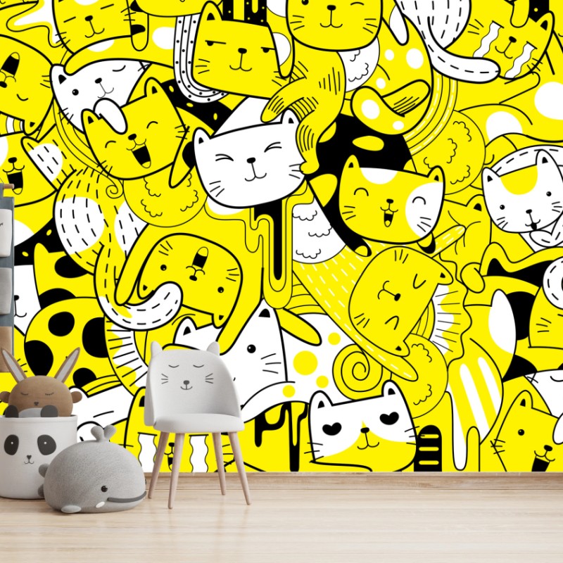 Fototapete verspielte gelbe katzen-collage – Wallnifity® Fototapete verspielte gelbe katzen-collage – Wallnifity®