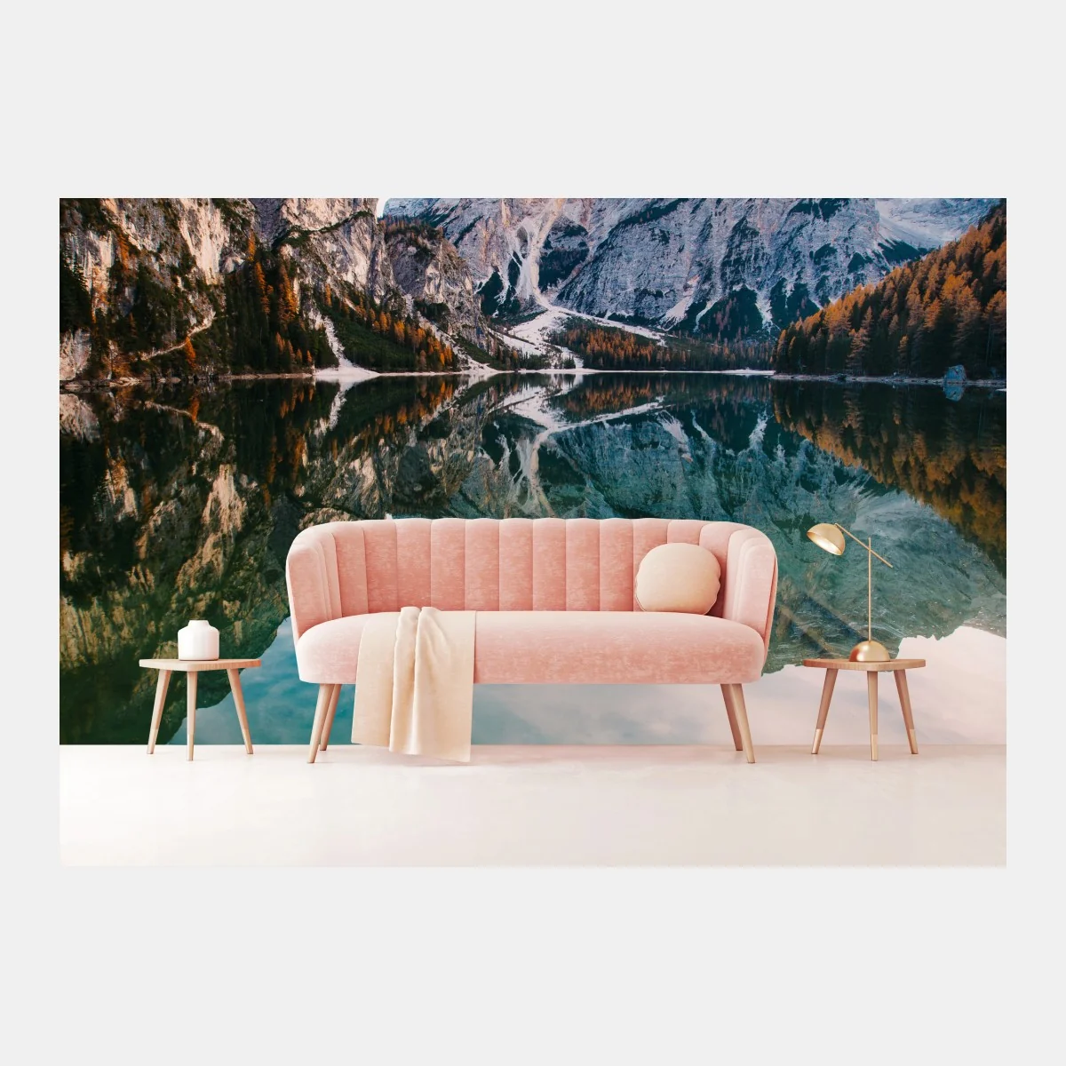 Fototapete ruhiger alpensee mit hölzernem steg – Wallnifity® Fototapete ruhiger alpensee mit hölzernem steg – Wallnifity®