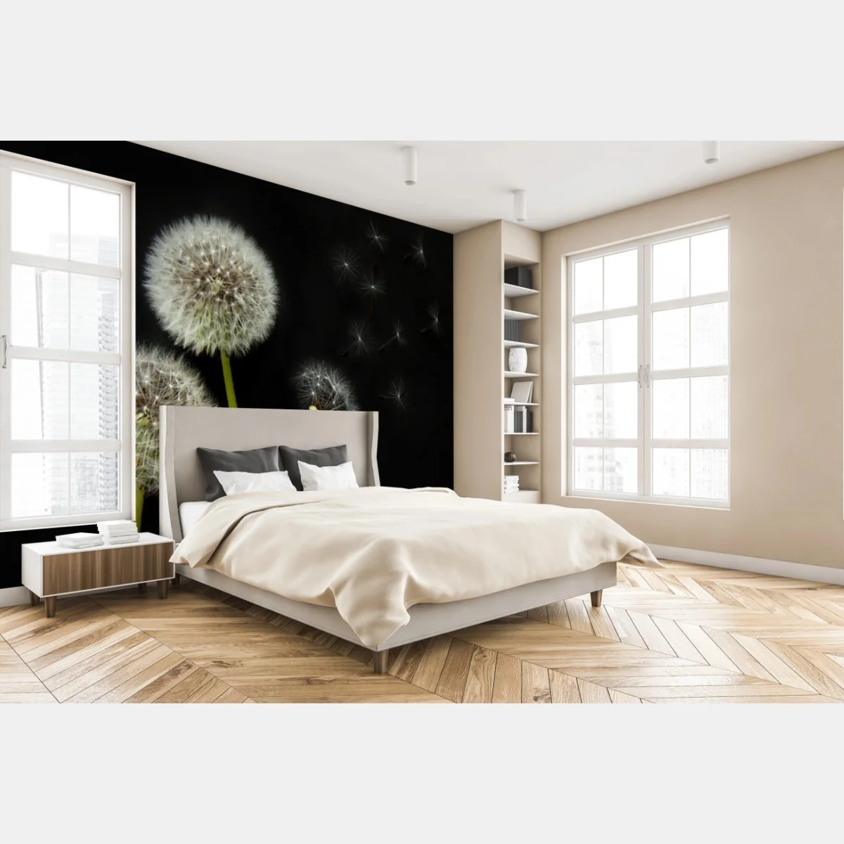 Fototapete zarte löwenzahnköpfe vor schwarzem hintergrund – Wallnifity®