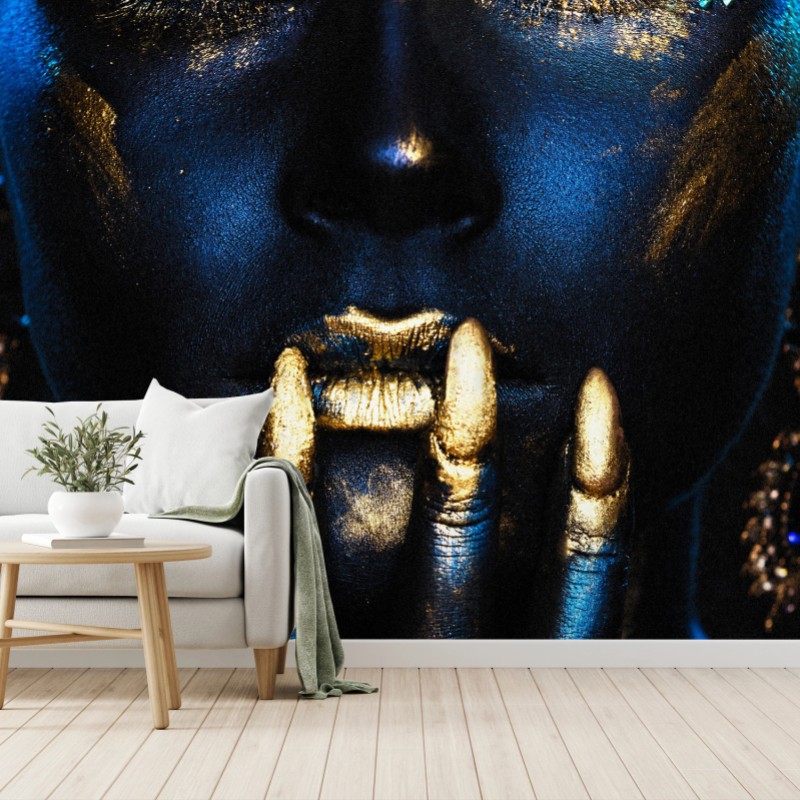 Fototapete mystisches porträt in blau und gold