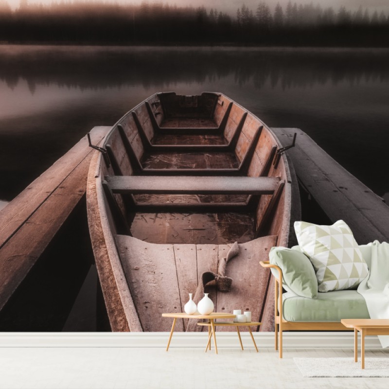 Fototapete nebliges boot am bergsee