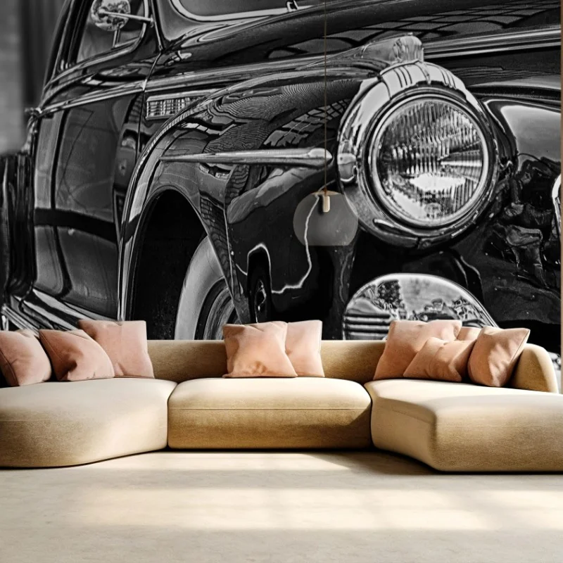 Fototapete vintage klassisches auto auf kopfsteinpflaster