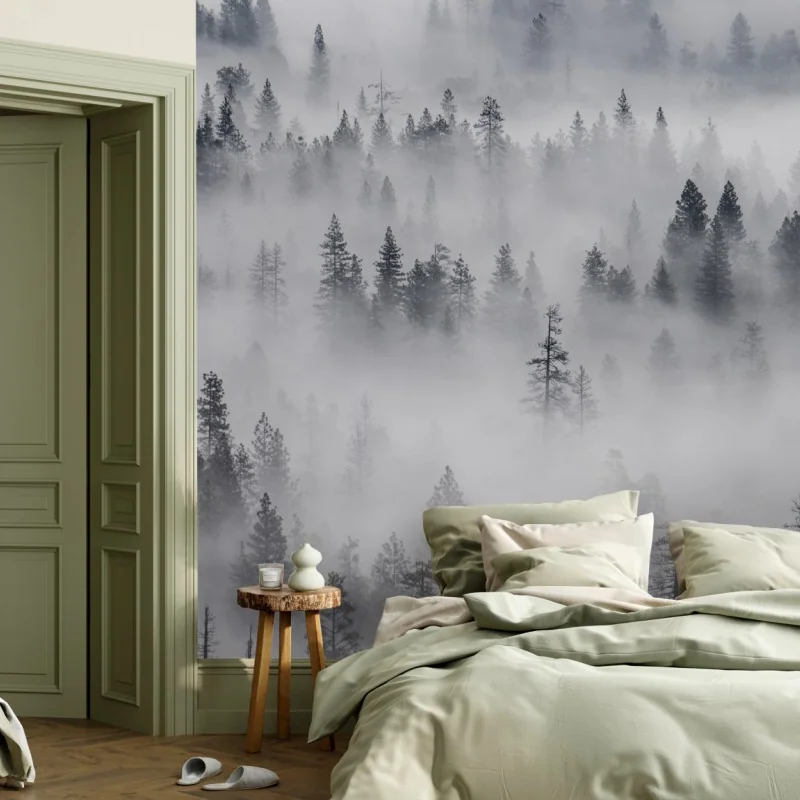 Fototapete nebeliger kiefernwald – Wallnifity® Fototapete nebeliger kiefernwald – Wallnifity®