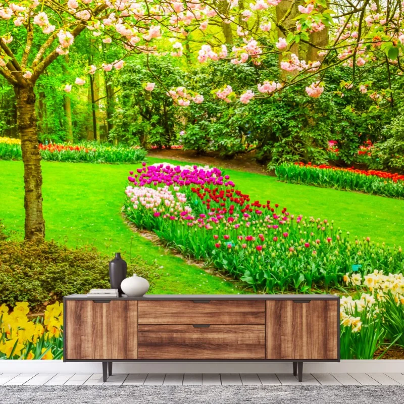 Fototapete frühlingsgarten in blüte: tulpen und kirschblüten – Wallnifity® Fototapete frühlingsgarten in blüte: tulpen und kirschblüten – Wallnifity®