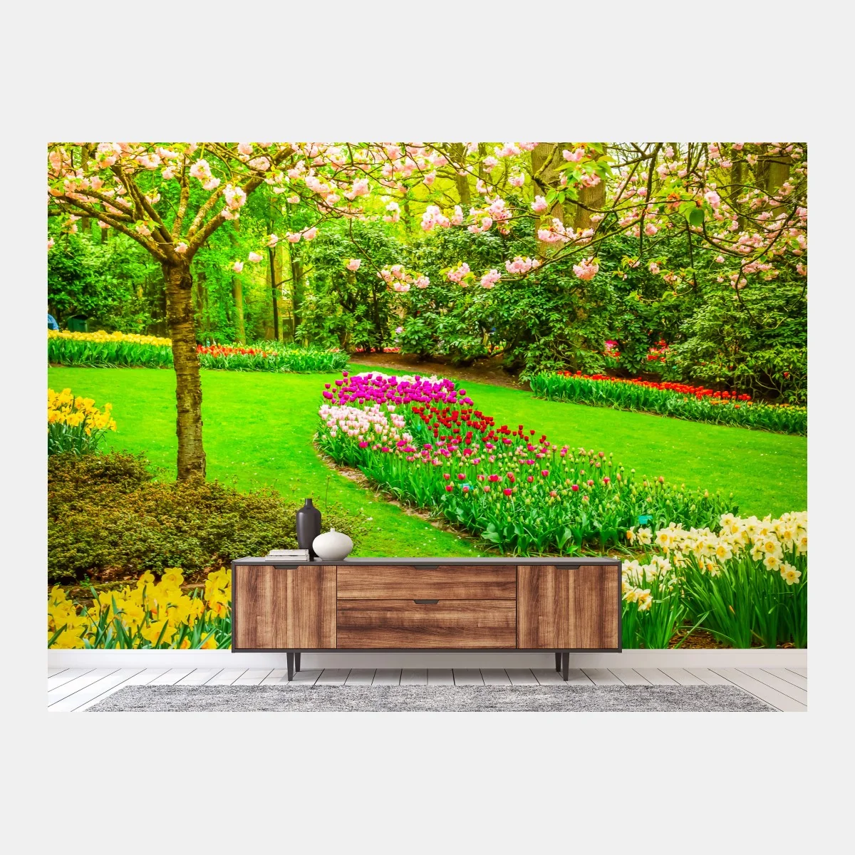 Fototapete frühlingsgarten in blüte: tulpen und kirschblüten – Wallnifity® Fototapete frühlingsgarten in blüte: tulpen und kirschblüten – Wallnifity®