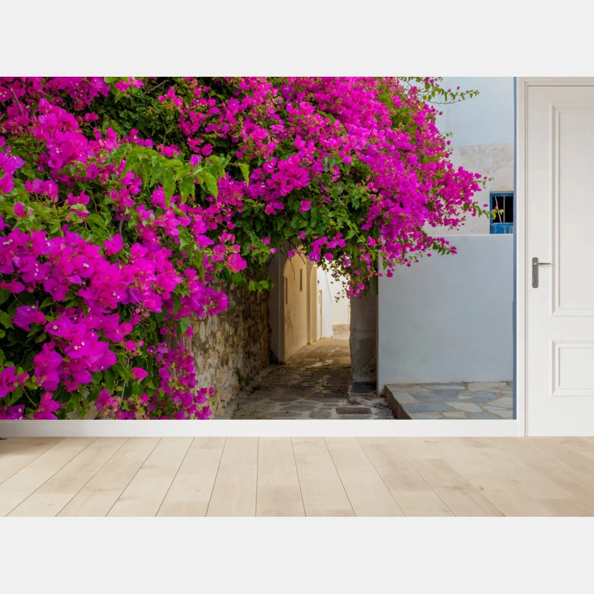 Fototapete blühende bougainvillea in Naousa gasse – Wallnifity® Fototapete blühende bougainvillea in Naousa gasse – Wallnifity®