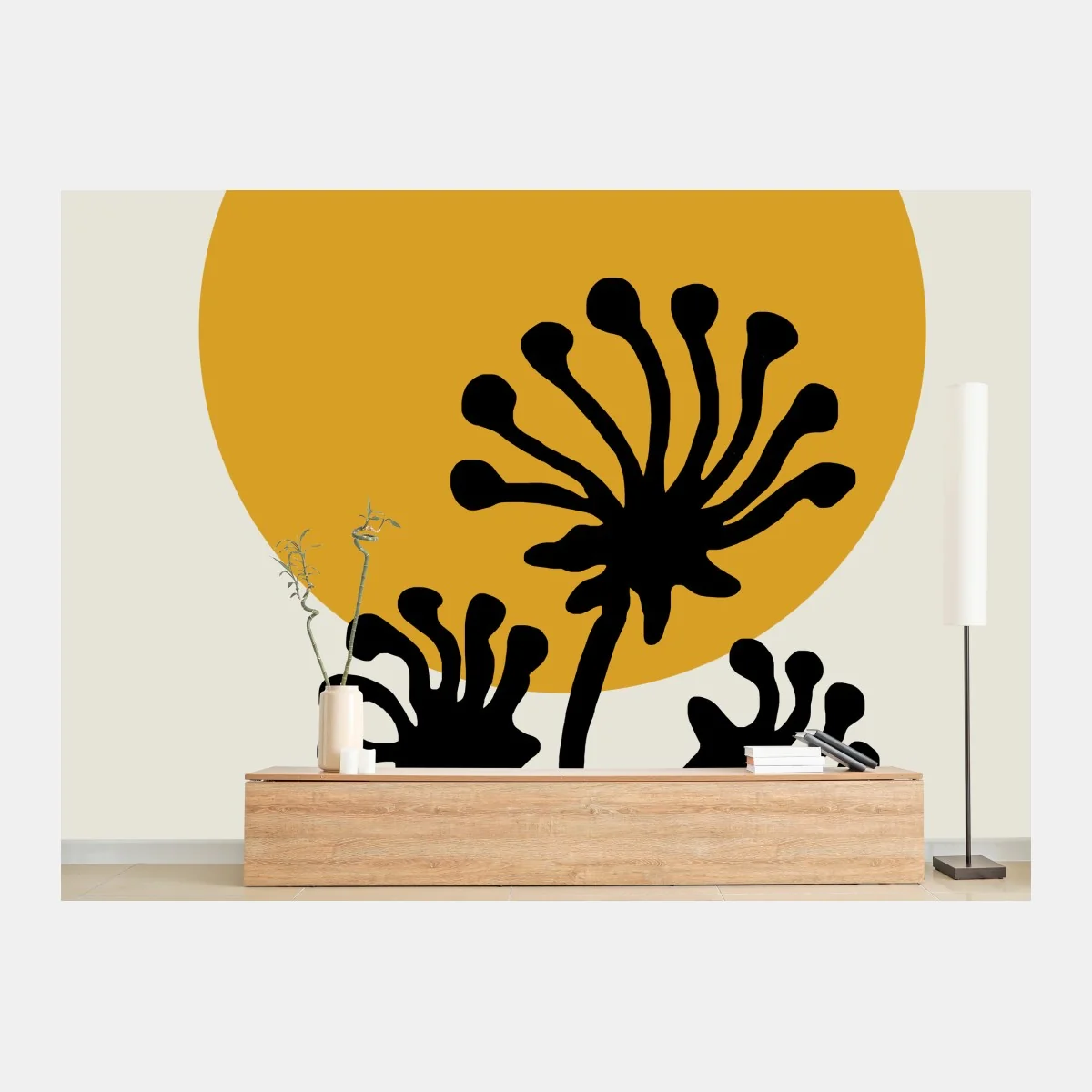Fototapete minimalistische botanische silhouette mit sonne – Wallnifity® Fototapete minimalistische botanische silhouette mit sonne – Wallnifity®