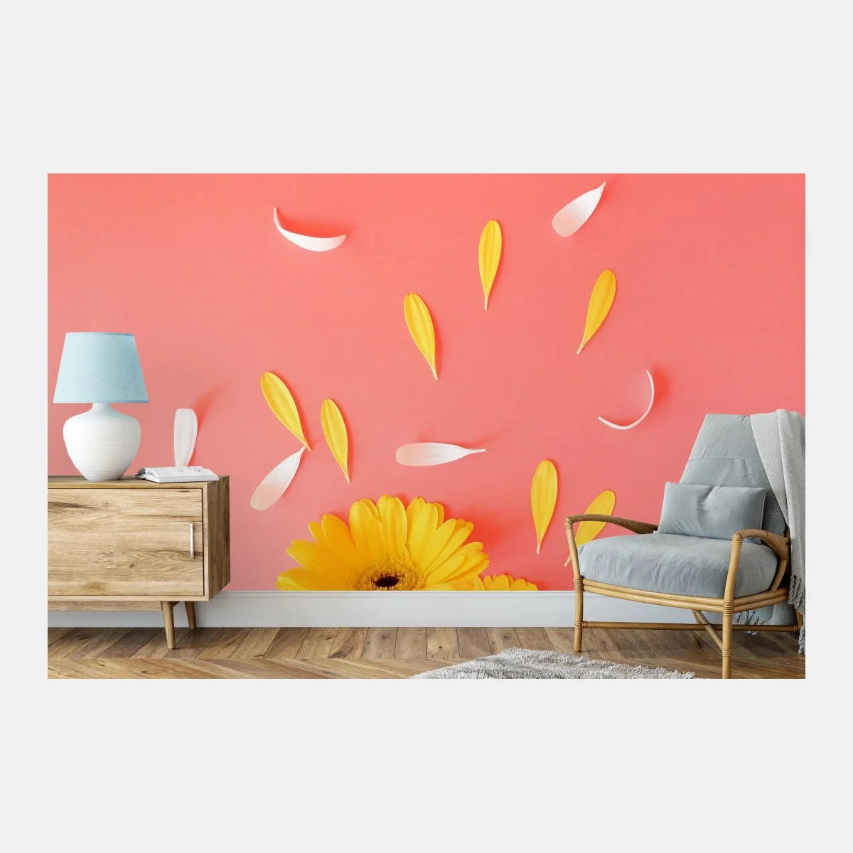 Fototapete sonnige gelbe gerbera auf korallfarbenem hintergrund – Wallnifity®