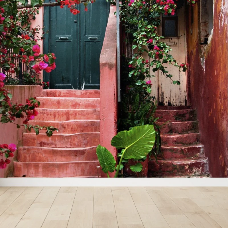 Fototapete treppe mit bougainvillea und grünen pflanzen
