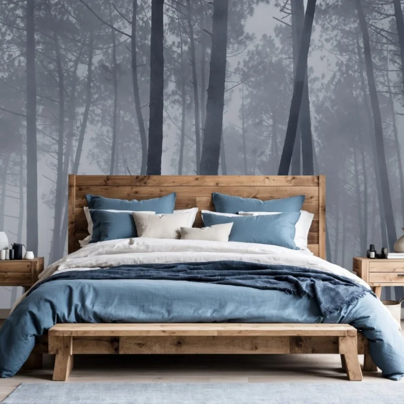 Fototapete nebliger kiefernwald bei nacht