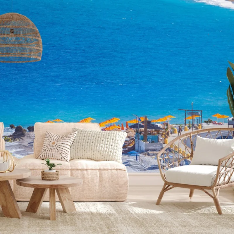 Fototapete Rhodos strand mit bunten sonnenschirmen – Wallnifity®