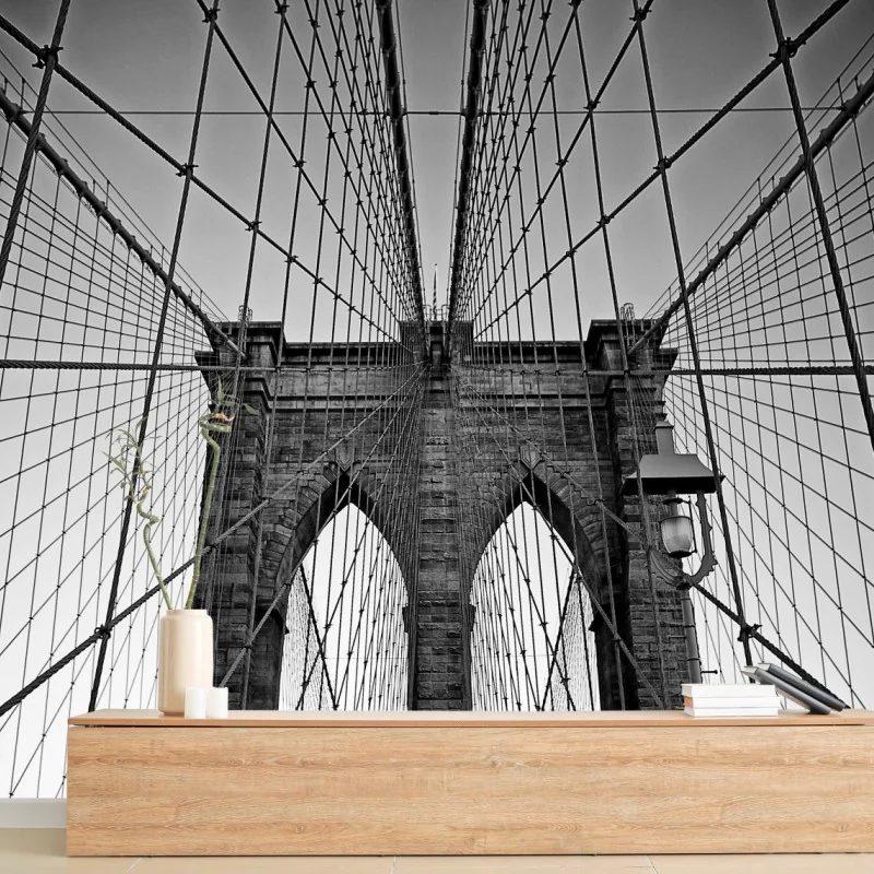 Fototapete symmetrische hängebrücke in schwarzweiß