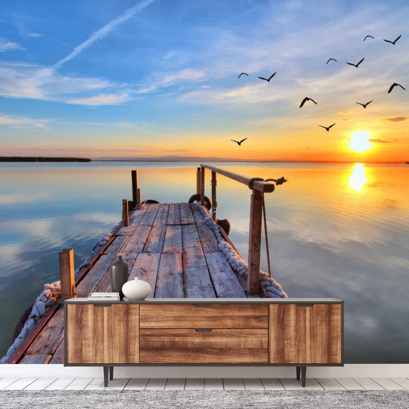 Fototapete sonnenuntergang am hölzernen steg – Wallnifity®