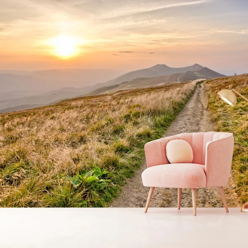Fototapete wanderpfad bei sonnenuntergang in Bieszczady