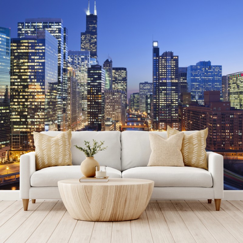Fototapete Chicago skyline bei dämmerung