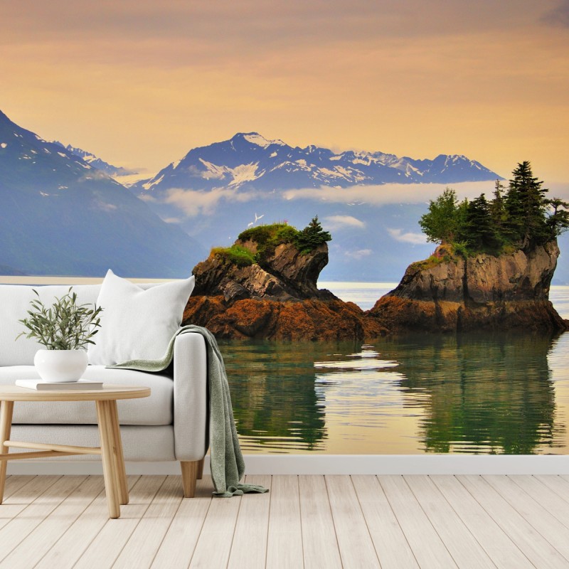 Fototapete ruhige inselspiegelungen bei sonnenuntergang