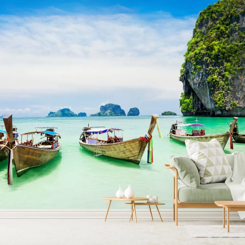 Fototapete tropische longtail-boote am türkisfarbenen strand