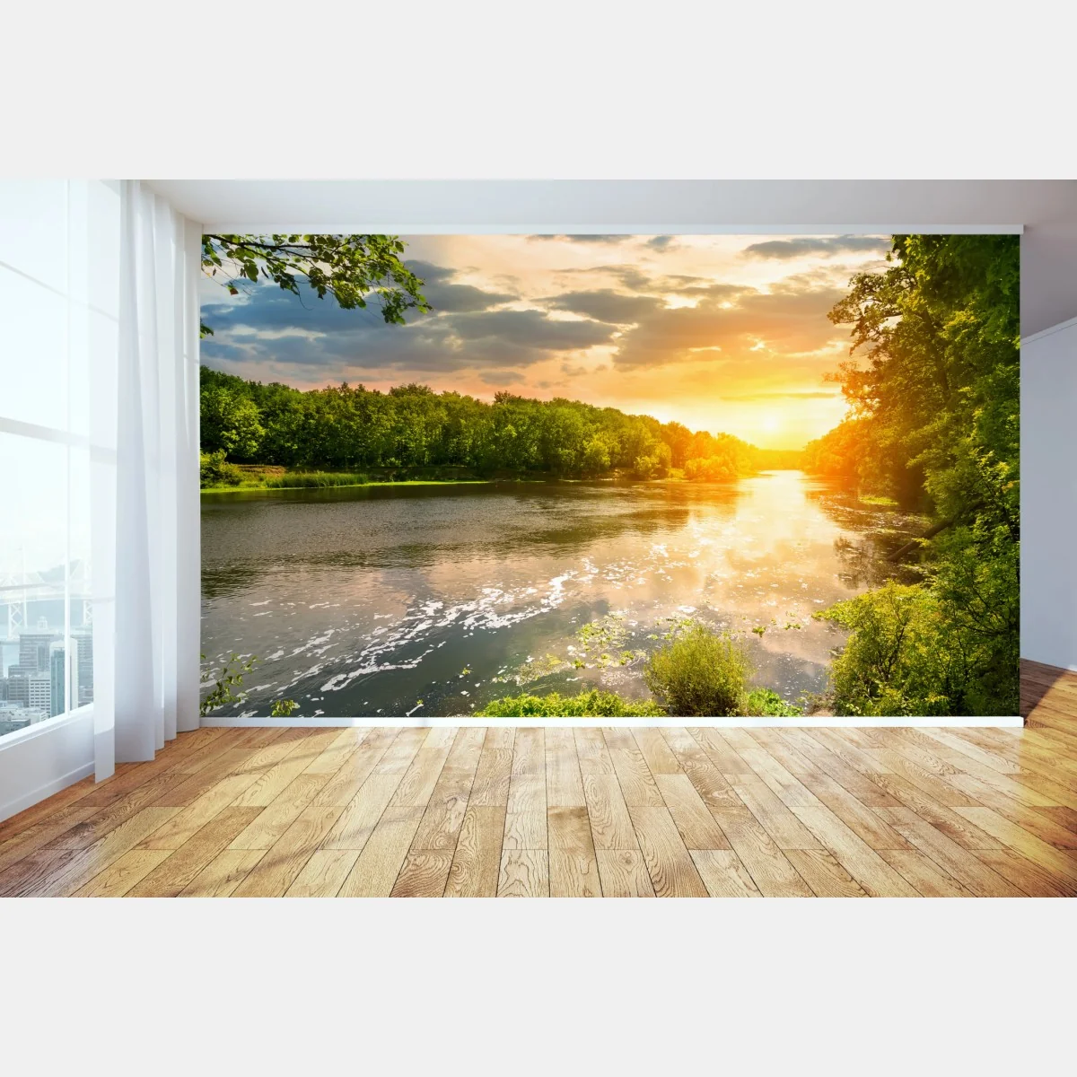 Fototapete ruhiger sonnenuntergang am fluss im grünen wald – Wallnifity® Fototapete ruhiger sonnenuntergang am fluss im grünen wald – Wallnifity®