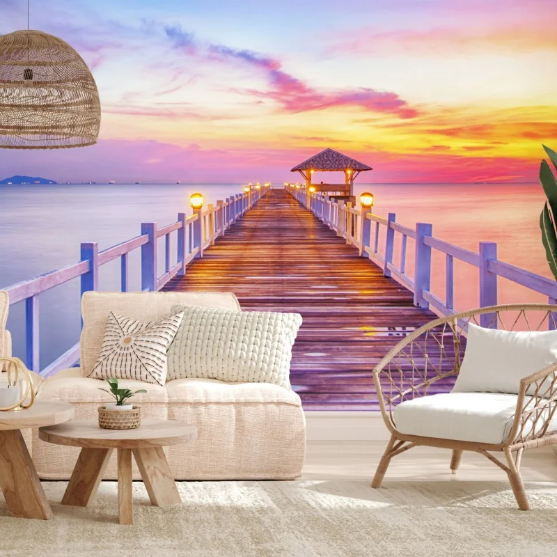 Fototapete sonnenuntergang am steg zum ruhigen horizont