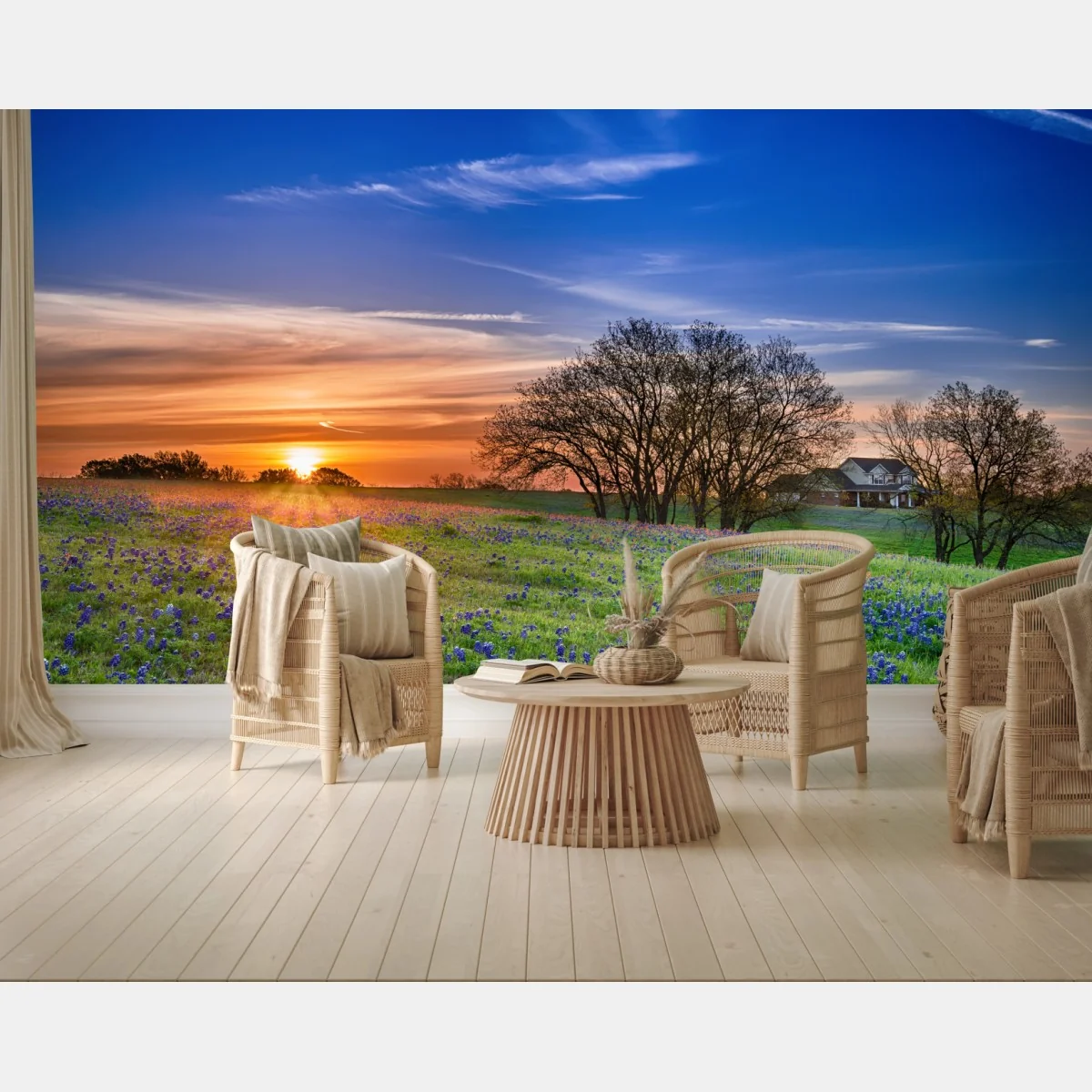 Fototapete Texas wiese mit bluebonnets im sonnenaufgang – Wallnifity® Fototapete Texas wiese mit bluebonnets im sonnenaufgang – Wallnifity®