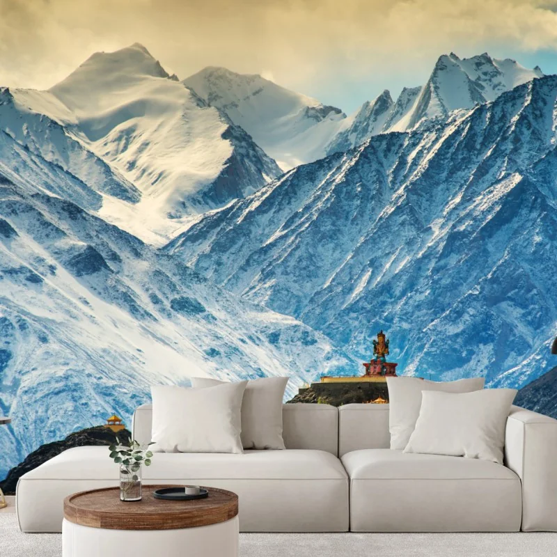 Fototapete majestätisches bergkloster vor schneebedeckten gipfeln