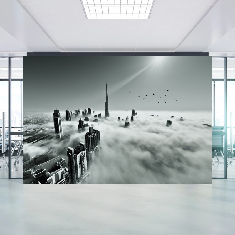 Fototapete neblige skyline von Dubai über den wolken