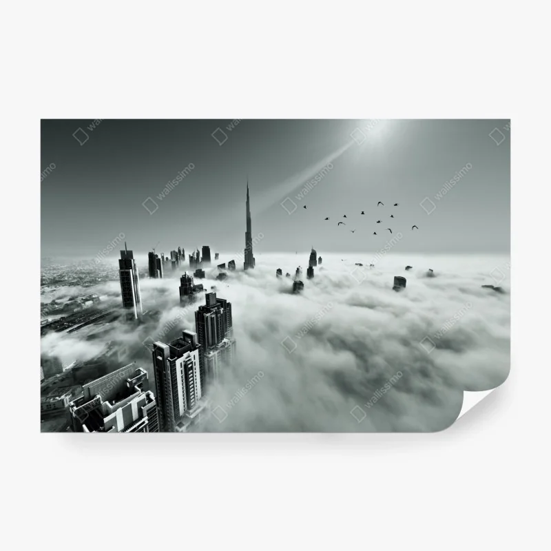 Fototapete neblige skyline von Dubai über den wolken