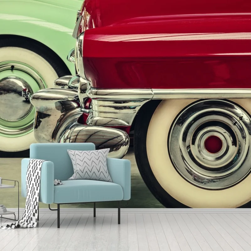 Fototapete nahaufnahme klassischer autos in rot und mint