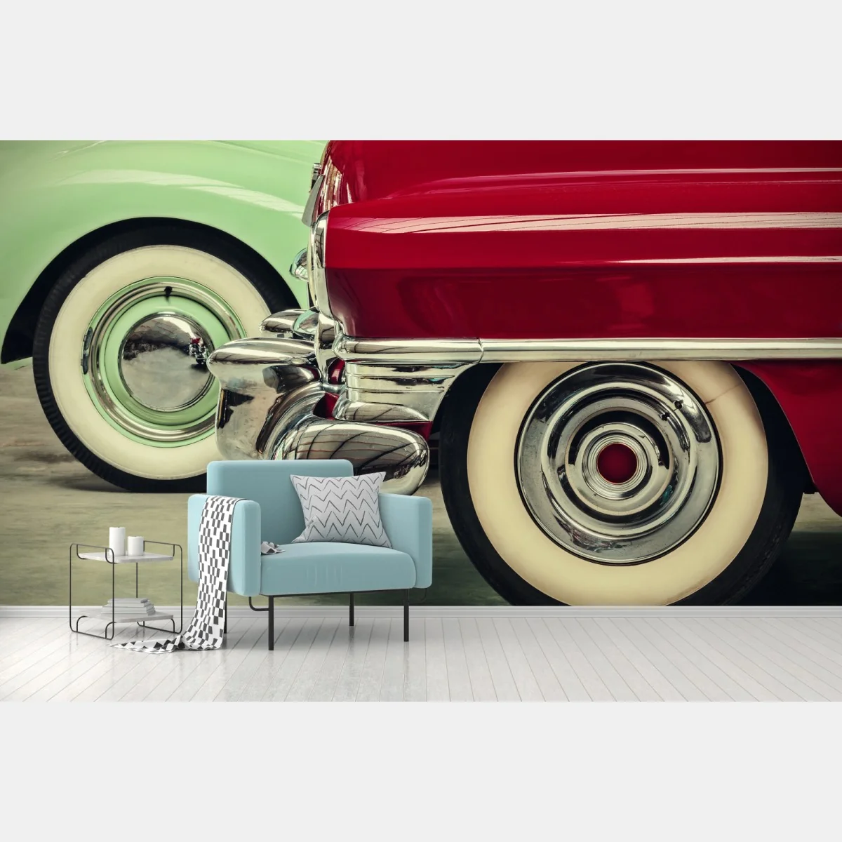Fototapete nahaufnahme klassischer autos in rot und mint – Wallnifity® Fototapete nahaufnahme klassischer autos in rot und mint – Wallnifity®