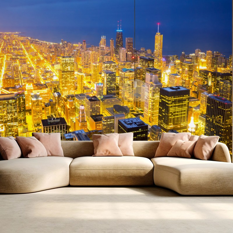 Fototapete luftaufnahme der nächtlichen skyline von Chicago – Wallnifity® Fototapete luftaufnahme der nächtlichen skyline von Chicago – Wallnifity®