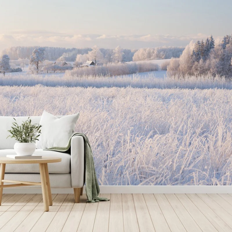 Fototapete wiese mit reif im morgenlicht