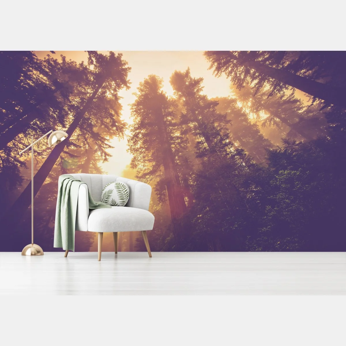 Fototapete nebeliger mamutbaumwald im goldenen vintagelicht – Wallnifity®