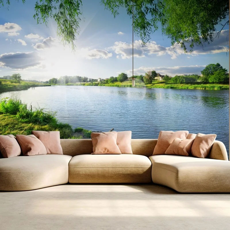 Fototapete sonnenbeschienenes flussufer mit üppigem grün – Wallnifity®