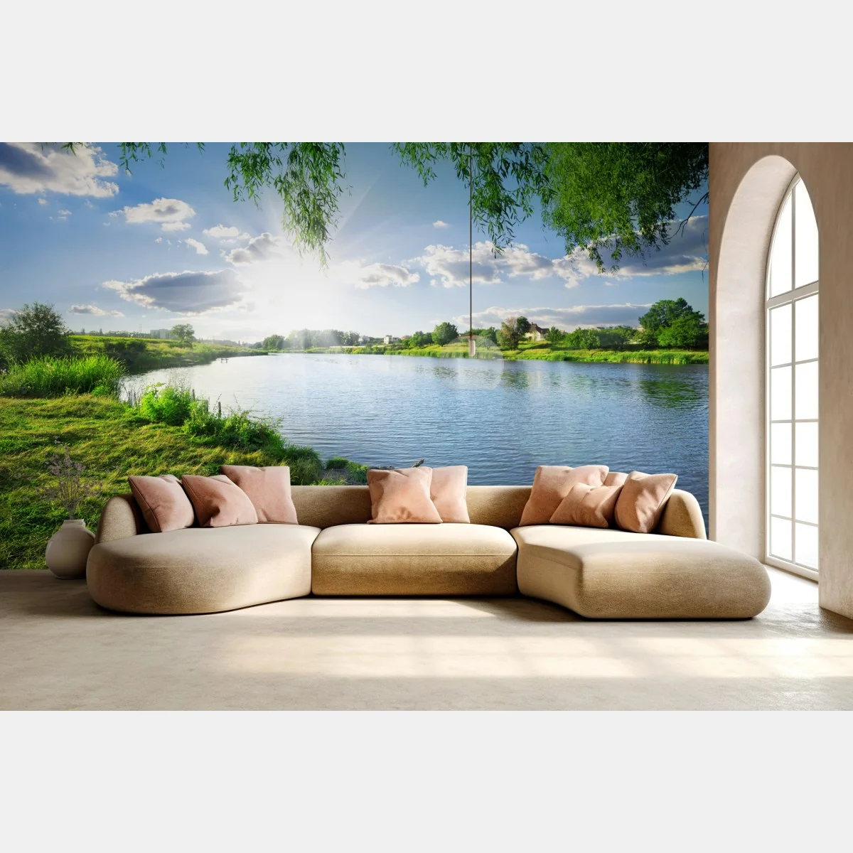 Fototapete sonnenbeschienenes flussufer mit üppigem grün – Wallnifity®