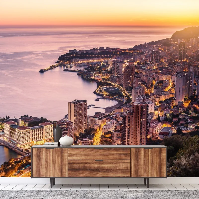 Fototapete sonnenuntergang über der städtischen küstenlinie