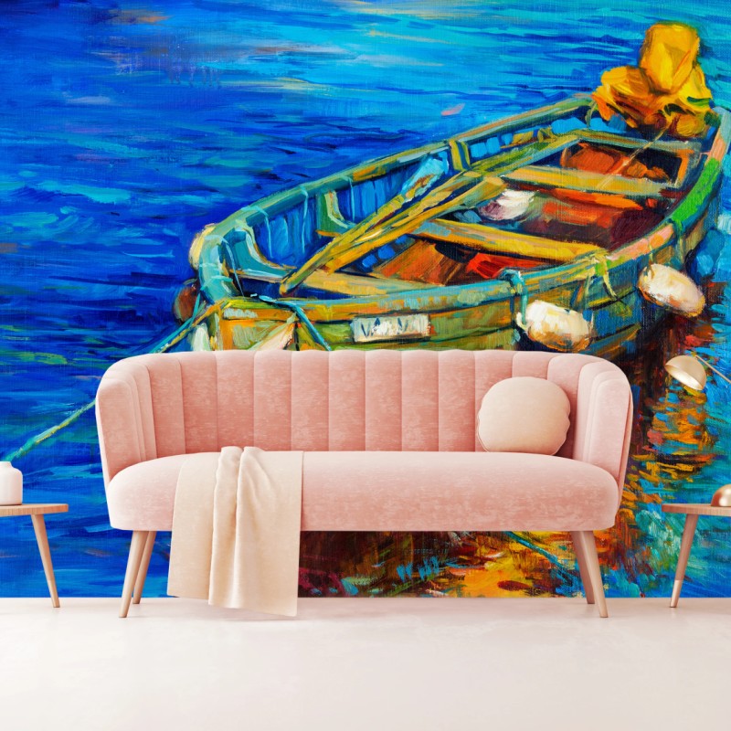 Fototapete lebendiges boot bei sonnenuntergang