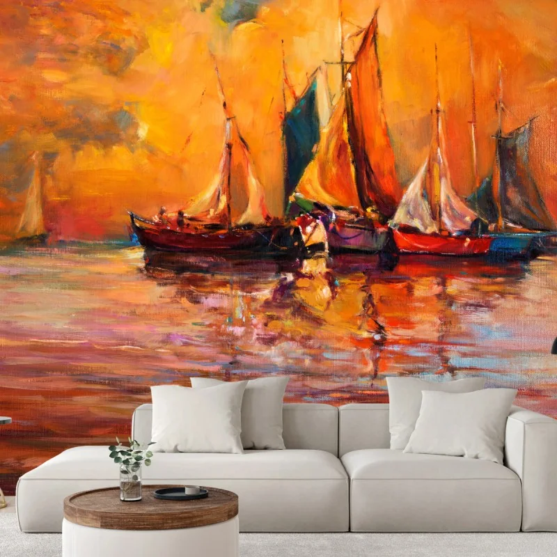 Fototapete goldener sonnenuntergang mit segelbooten