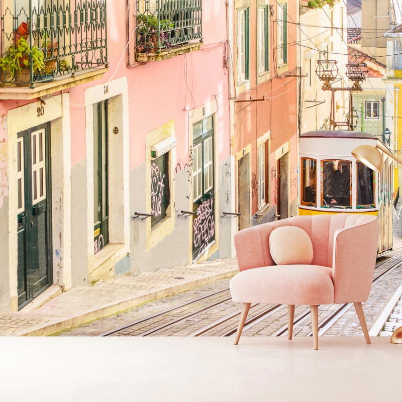 Fototapete sonnige Lissabon straßenbahn in pastellfarben