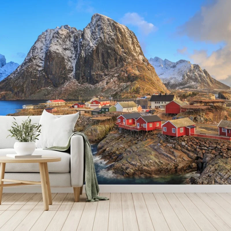 Fototapete küstendorf in Norwegen mit roten fischerhütten