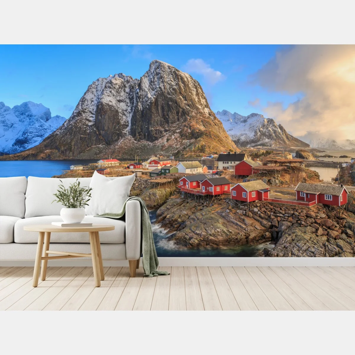 Fototapete küstendorf in Norwegen mit roten fischerhütten – Wallnifity®