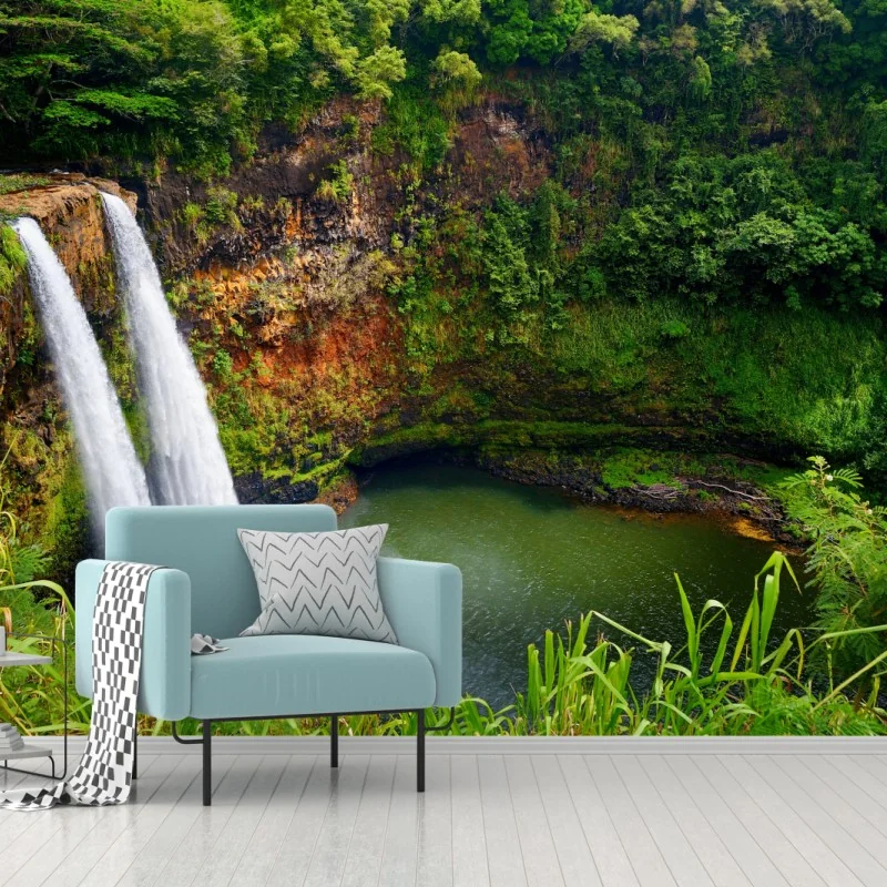 Fototapete doppelter wasserfall im üppig grünen wald – Wallnifity® Fototapete doppelter wasserfall im üppig grünen wald – Wallnifity®