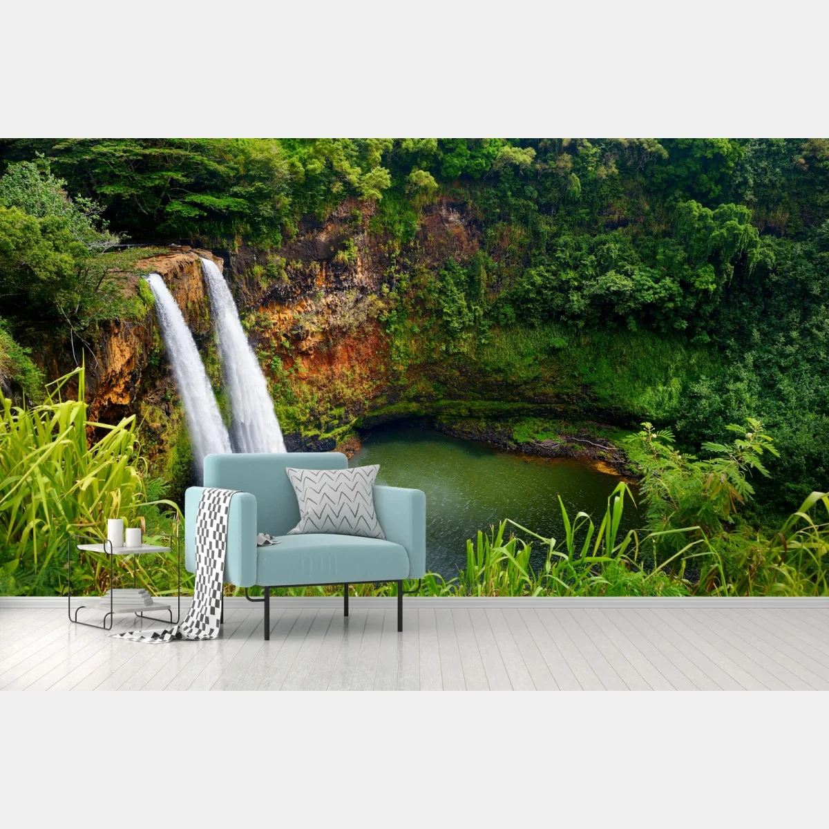 Fototapete doppelter wasserfall im üppig grünen wald – Wallnifity® Fototapete doppelter wasserfall im üppig grünen wald – Wallnifity®