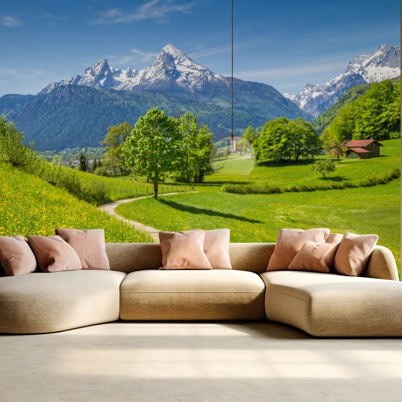 Fototapete alpine frühlingswiese mit schneebedeckten gipfeln – Wallnifity® Fototapete alpine frühlingswiese mit schneebedeckten gipfeln – Wallnifity®