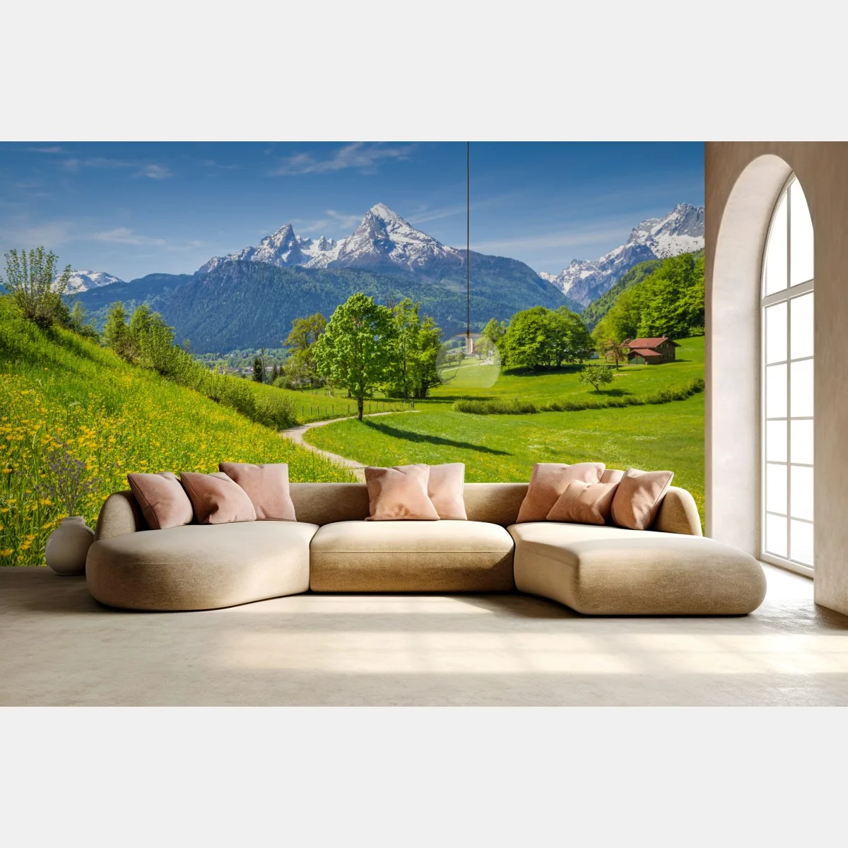 Fototapete alpine frühlingswiese mit schneebedeckten gipfeln – Wallnifity® Fototapete alpine frühlingswiese mit schneebedeckten gipfeln – Wallnifity®