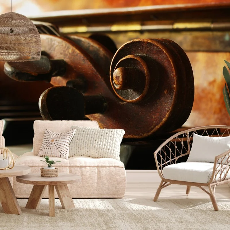 Fototapete vintage geigenkopf auf klaviertasten