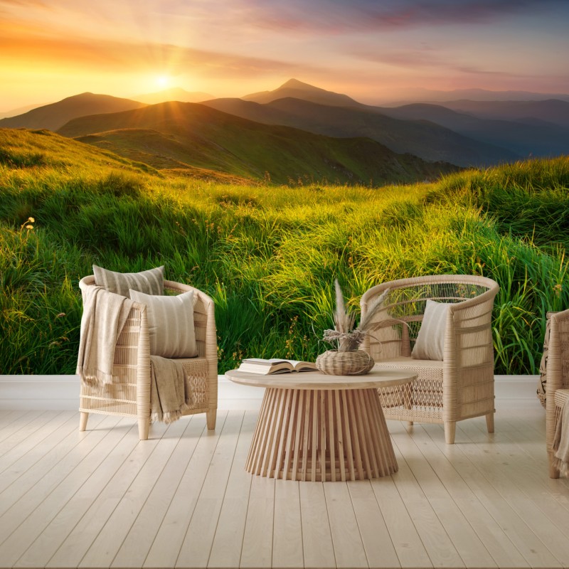 Fototapete sonnenaufgang über dem smaragdgrünen bergtal